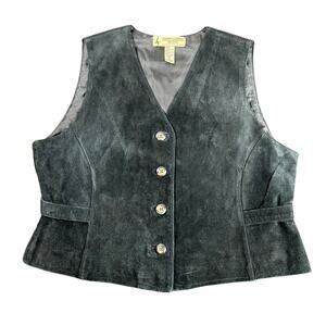 Vtg Black Suede Leather Corduroy - Vest Womens- Waist Cinch Buttons-Sz PL